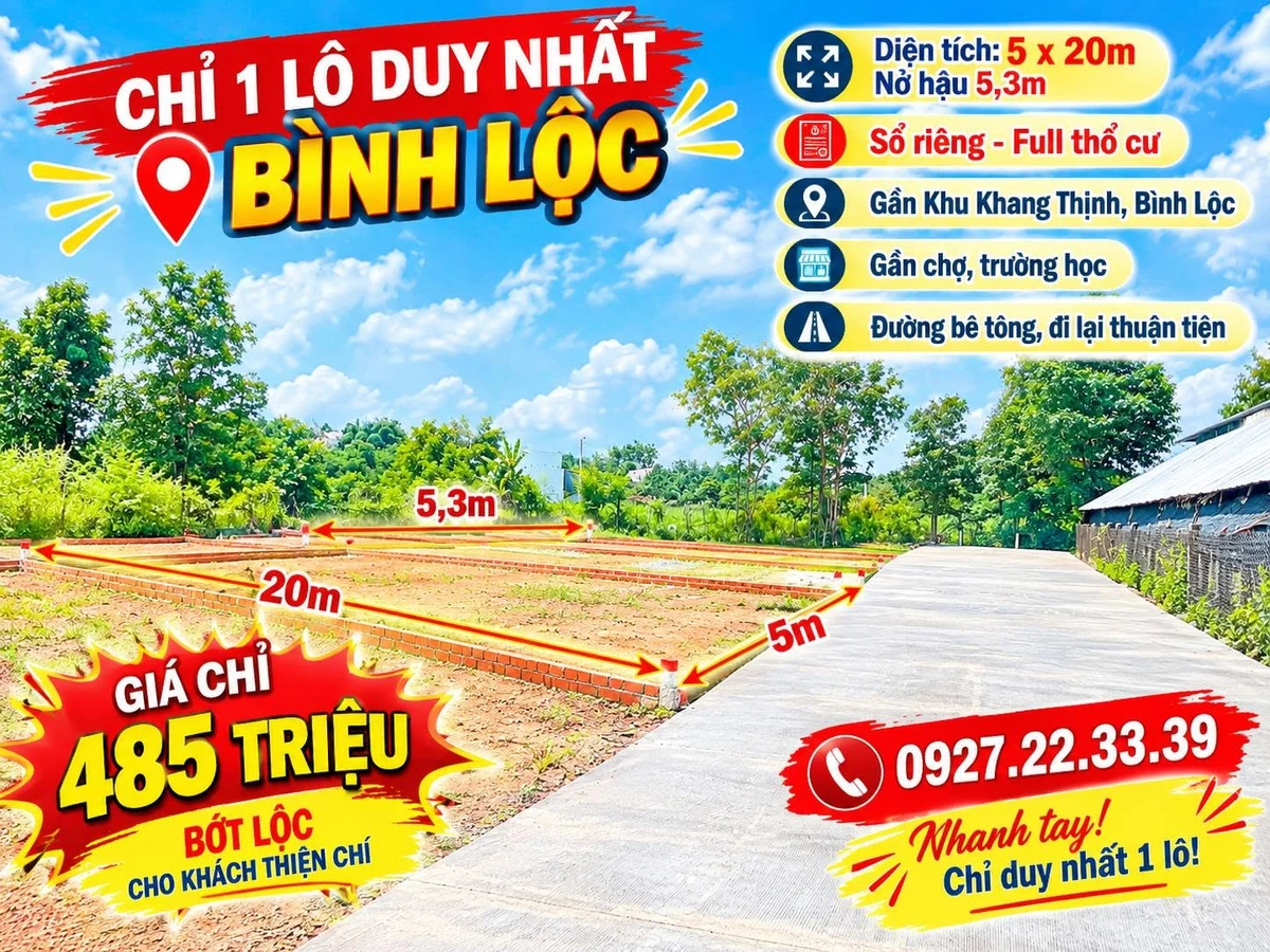 Bán đất Bình Lộc 100m² sổ riêng 485 triệu - Ảnh 1
