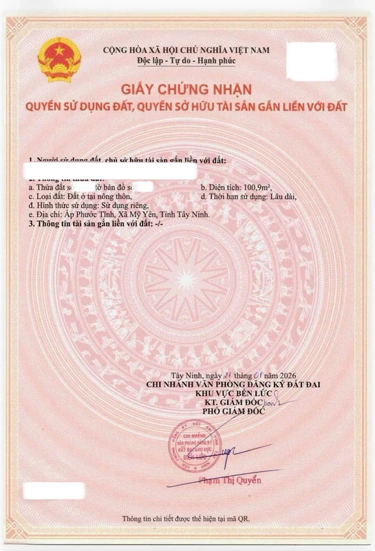 Bán đất thổ cư 106,7m² Mỹ Yên Tây Ninh 1,3 tỷ