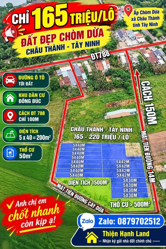 Bán đất 200m² tại Châu Thành, Tây Ninh, giá 165 triệu