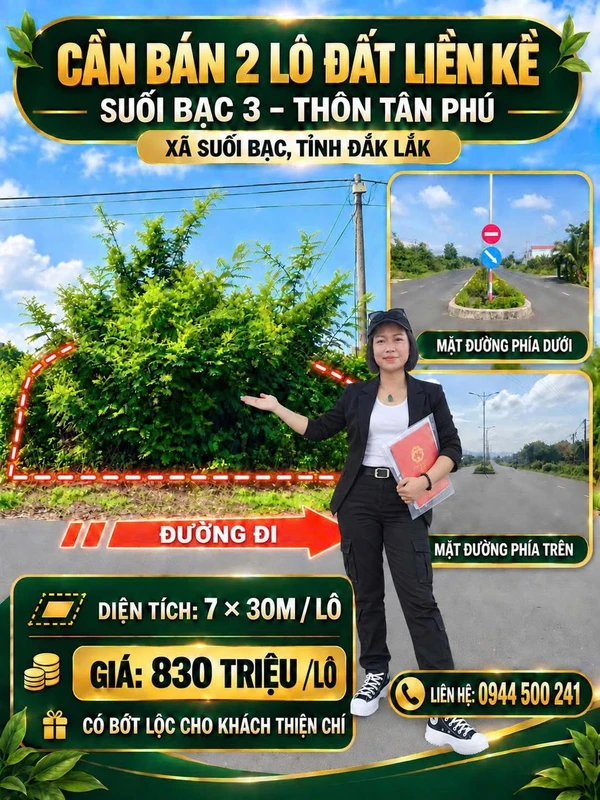 Bán 2 lô đất liền kề 210m² Suối Bạc, Đắk Lắk 830 triệu/lô