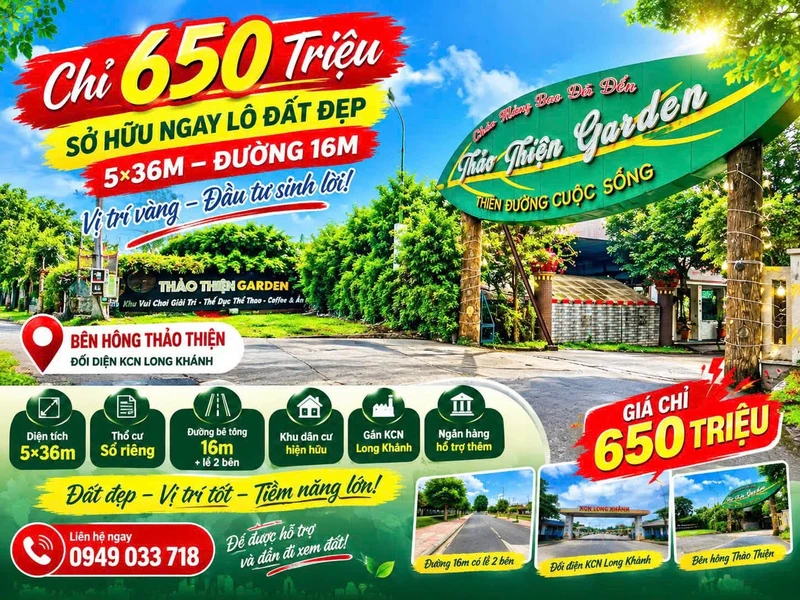 Bán lô đất 5×36m (180m²) 650 triệu Long Khánh
