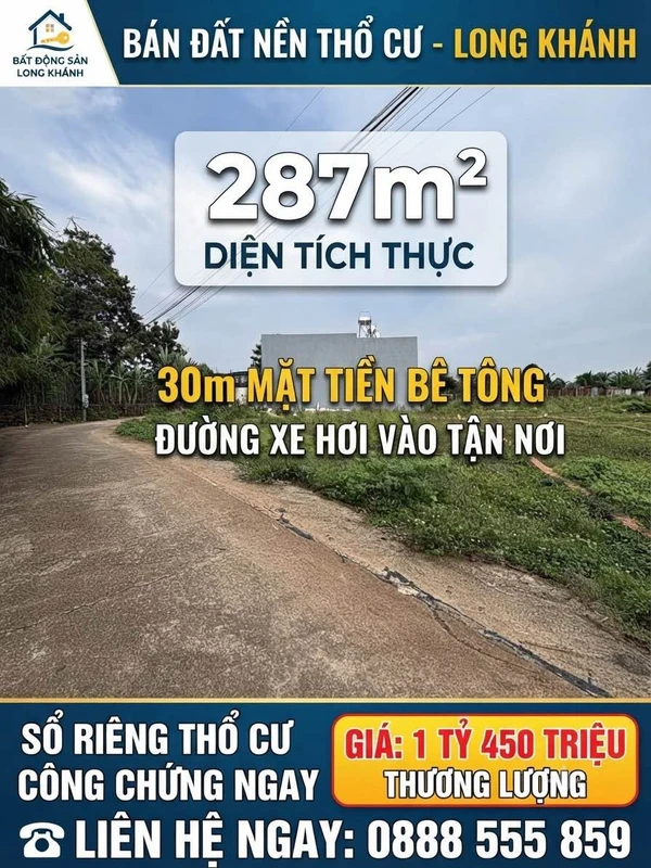 Bán đất 287m2, mặt tiền 30m, Long Khánh, 1 tỷ 450 triệu