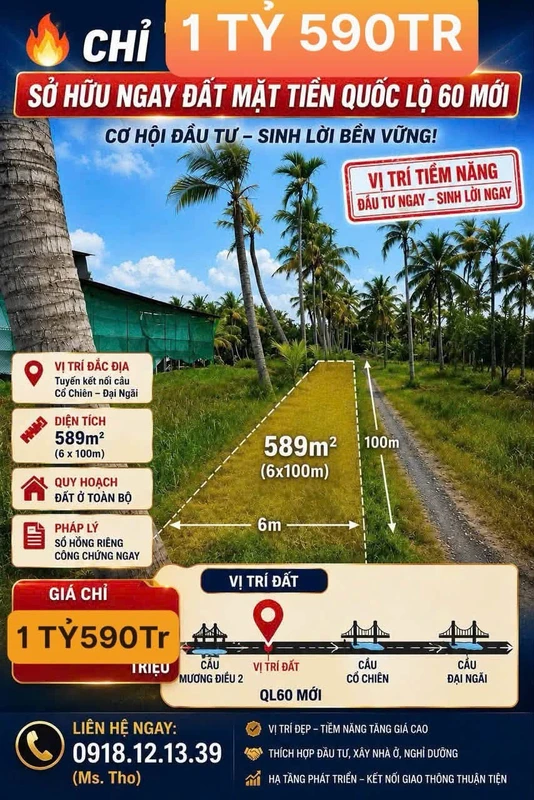 Bán đất mặt tiền QL60 Bến Tre 588,7m² 1 tỷ 590 triệu