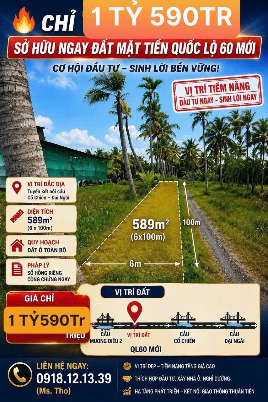 Bán đất mặt tiền QL60 Bến Tre 588,7m² 1 tỷ 590 triệu - Ảnh 1
