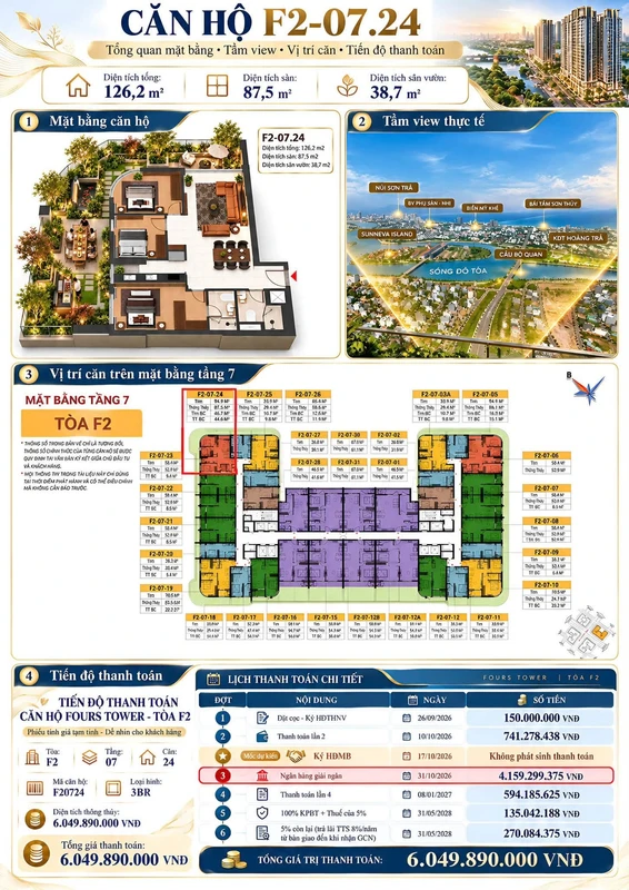 Bán căn hộ sân vườn 3PN 126m2, view pháo hoa, Đà Nẵng