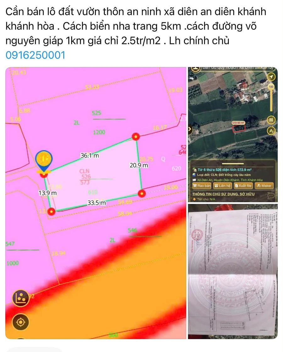 Bán đất 573m2 Diên Khánh 1 tỷ sổ cây lâu năm - Ảnh thu nhỏ 2
