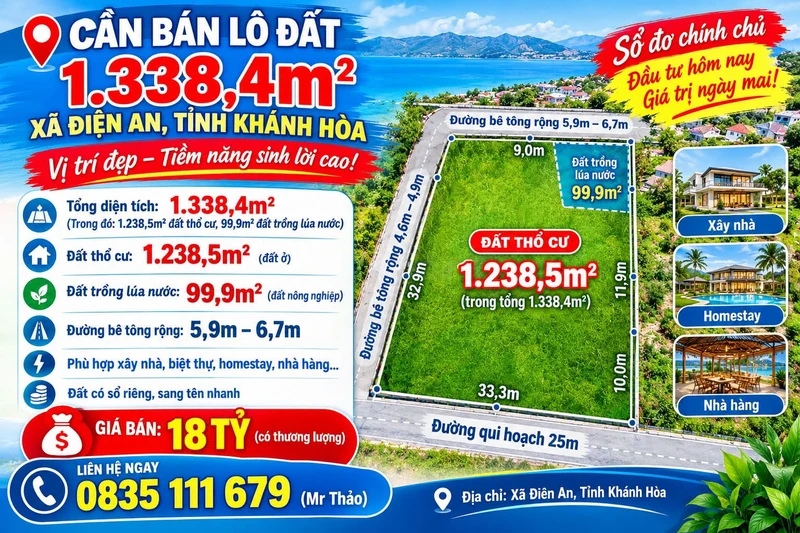 Bán lô đất 1.338,4m² Diên An, Khánh Hòa 18 tỷ
