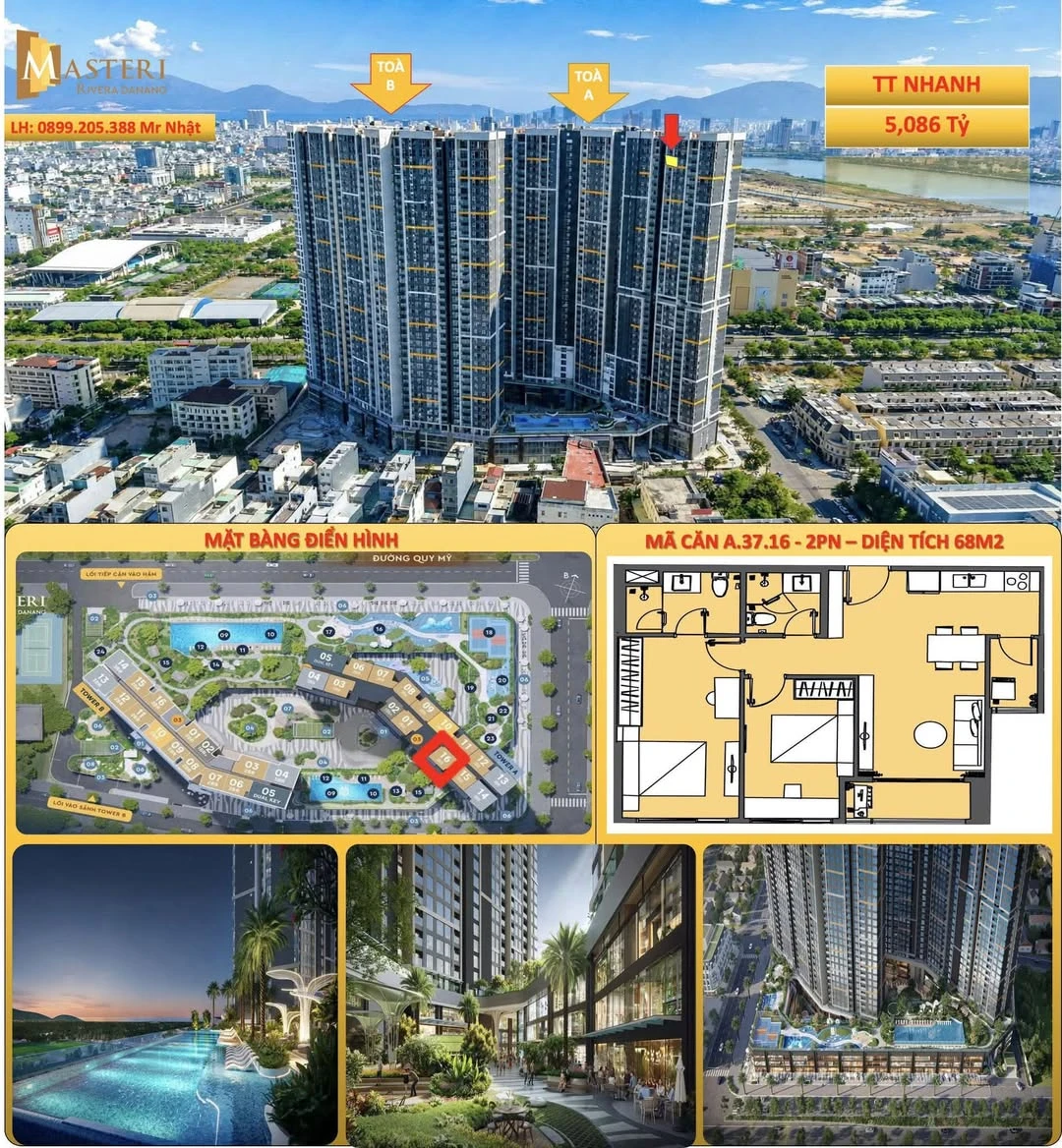 Bán căn hộ 2PN 68m2 Masteri Rivera view sông Cẩm Lệ, Đà Nẵng giá 5,086 tỷ - Ảnh 1