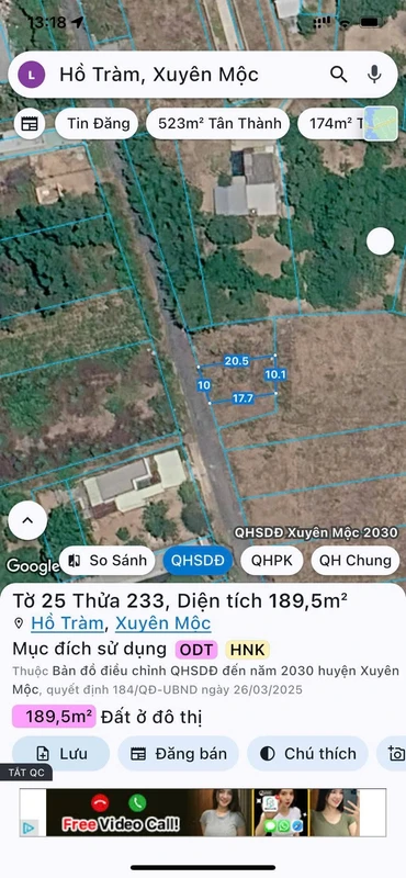 Bán đất nền Hồ Tràm 189.5m² mặt tiền 10m