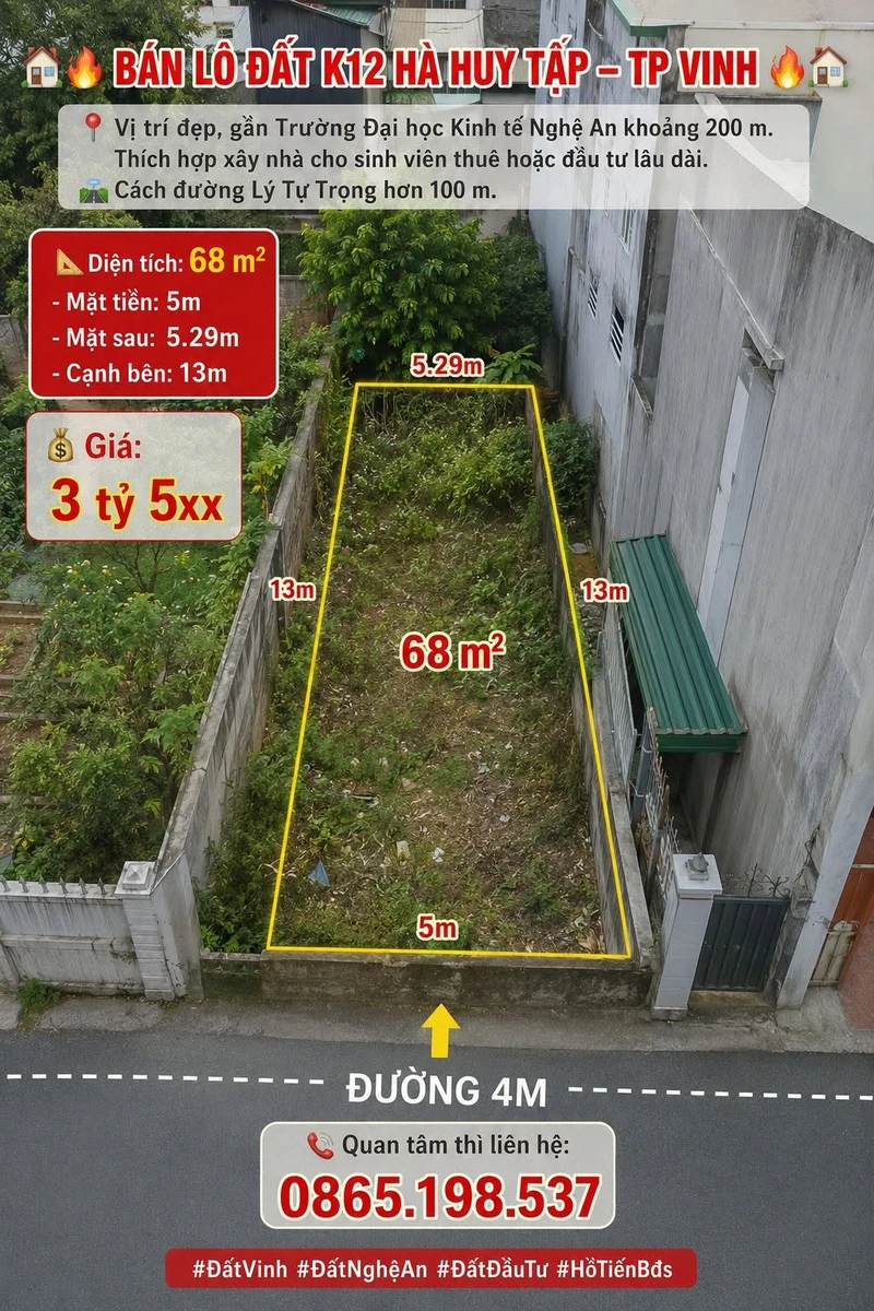 Bán lô đất 68 m² tại K12 Hà Huy Tập, TP Vinh - Ảnh 1