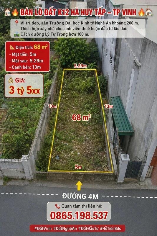 Bán lô đất 68 m² tại K12 Hà Huy Tập, TP Vinh