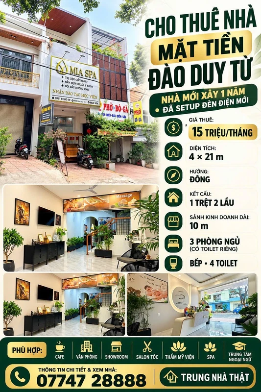 Cho thuê nhà mặt tiền Đào Duy Từ 84m² 15tr/tháng