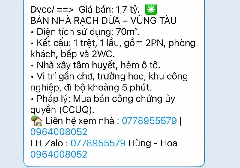 Bán nhà Rạch Dừa Vũng Tàu 70m² 2PN giá 1,7 tỷ