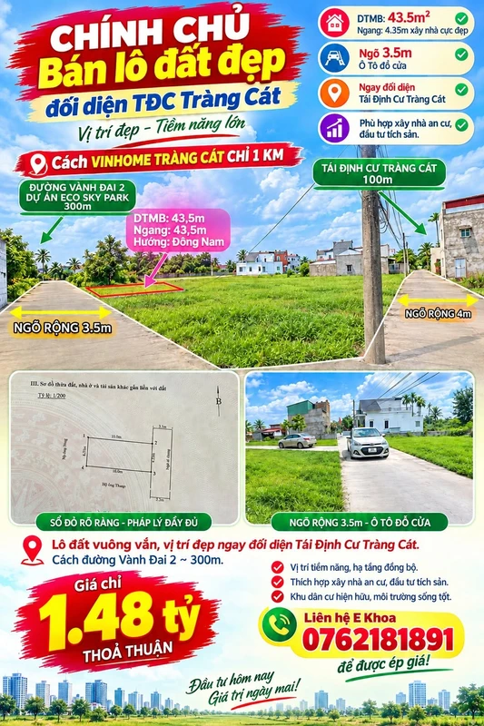 Bán đất Tràng Cát Hải Phòng 43.5m² giá 1.48 tỷ