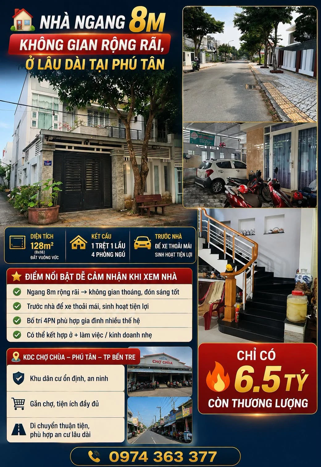 Nhà ngang 8m bán Phú Tân Bến Tre 128m² 4 phòng ngủ - Ảnh 1