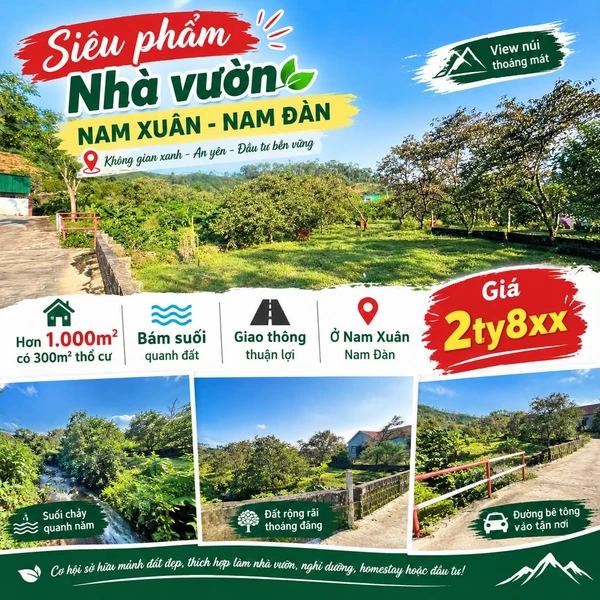 Bán nhà vườn 1000m² view núi, Nam Đàn, Nghệ An