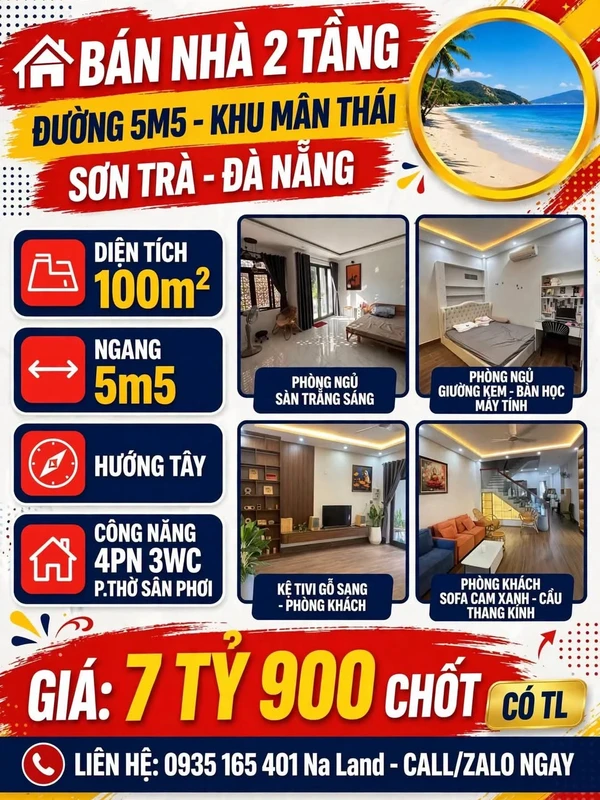 Bán nhà 2 tầng 100m2, 4PN 3WC, đường 5m5 khu Mân Thái, Sơn Trà, Đà Nẵng
