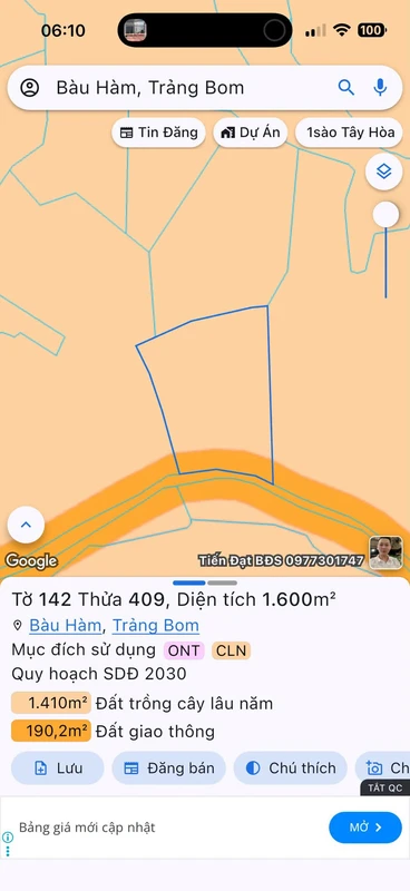 Bán đất Bàu Hàm 1600m² mặt tiền 25m Đồng Nai