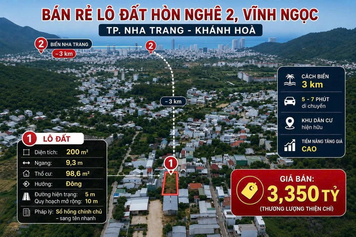 Bán lô đất Hòn Nghê 2 Nha Trang 200m2 3,35 tỷ - Ảnh 1