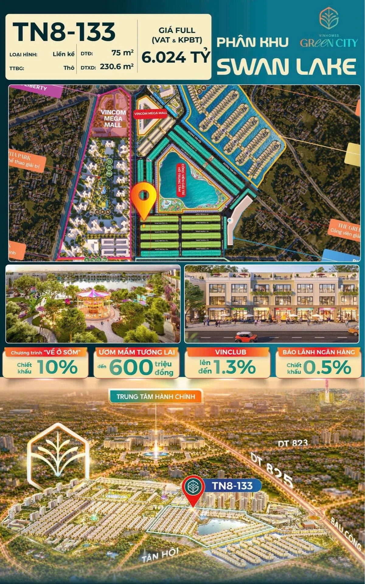 Nhà phố liền kề TN8-133 Vinhomes Green City 230m² 6.024 tỷ - Ảnh 1
