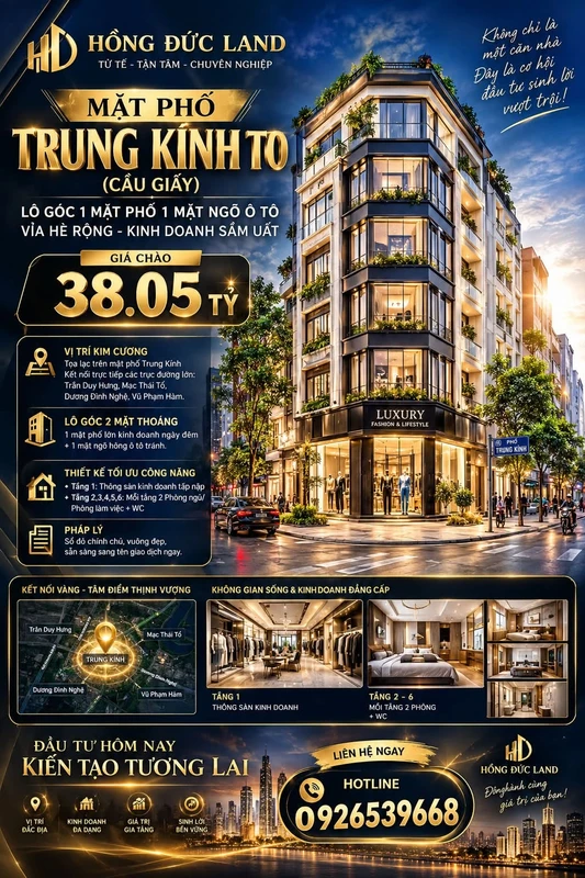 Bán shophouse mặt phố Trung Kính, 45.5m2, 6 tầng, 38.05 tỷ