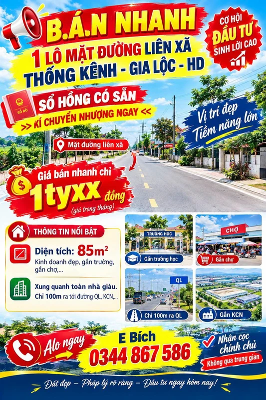 Bán lô đất mặt đường Thống Kênh Gia Lộc 85m2