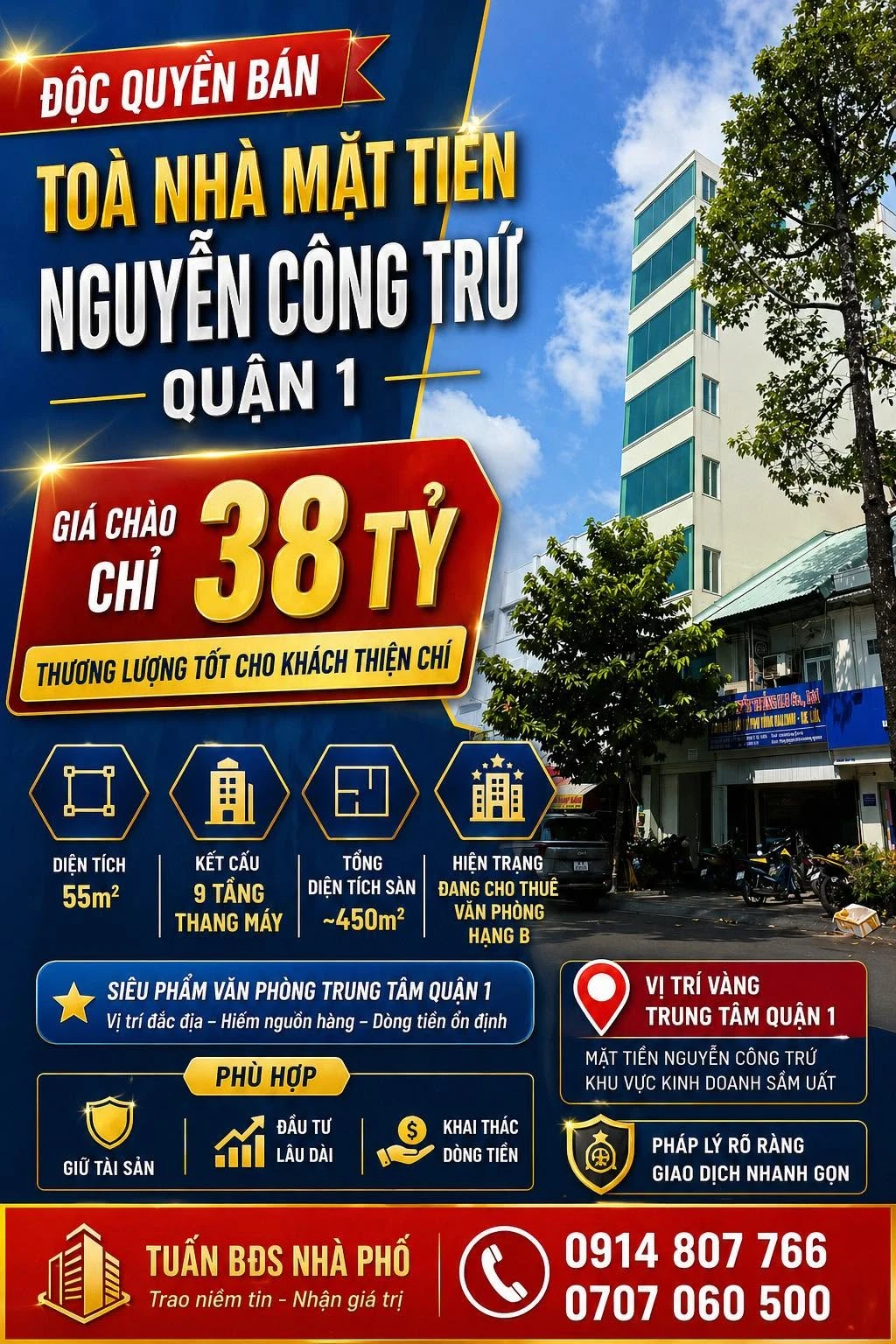 Bán toà nhà văn phòng 55m² 9 tầng thang máy Quận 1 - 38 tỷ - Ảnh 1