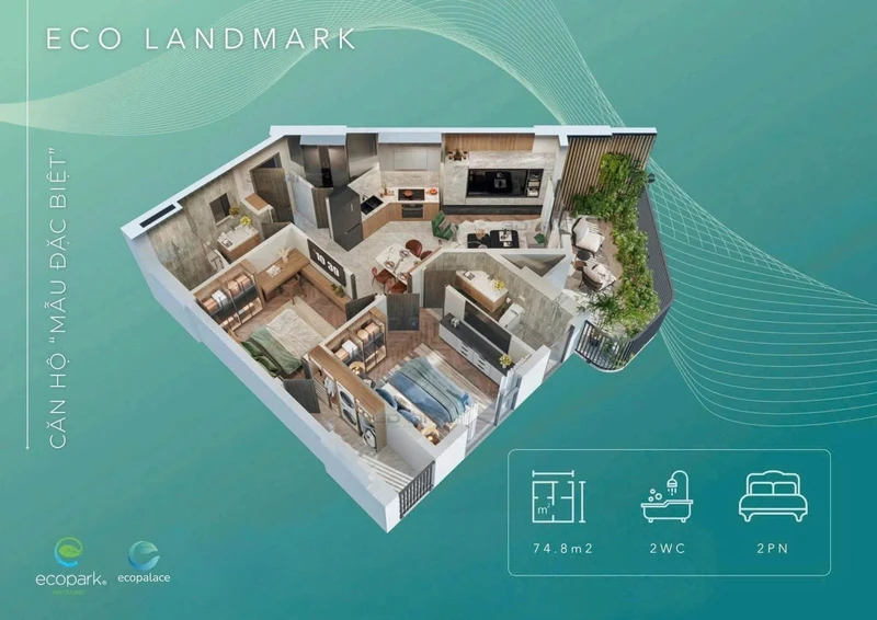 Bán căn hộ 2PN EcoPalace 74m2 ban công gần 20m2 tại Buôn Ma Thuột