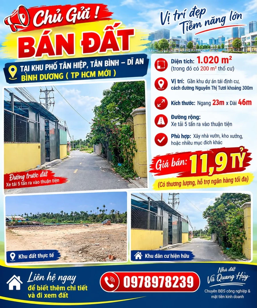 Bán đất 1.020m² Tân Hiệp, Dĩ An, Bình Dương 11,9 tỷ - Ảnh 1