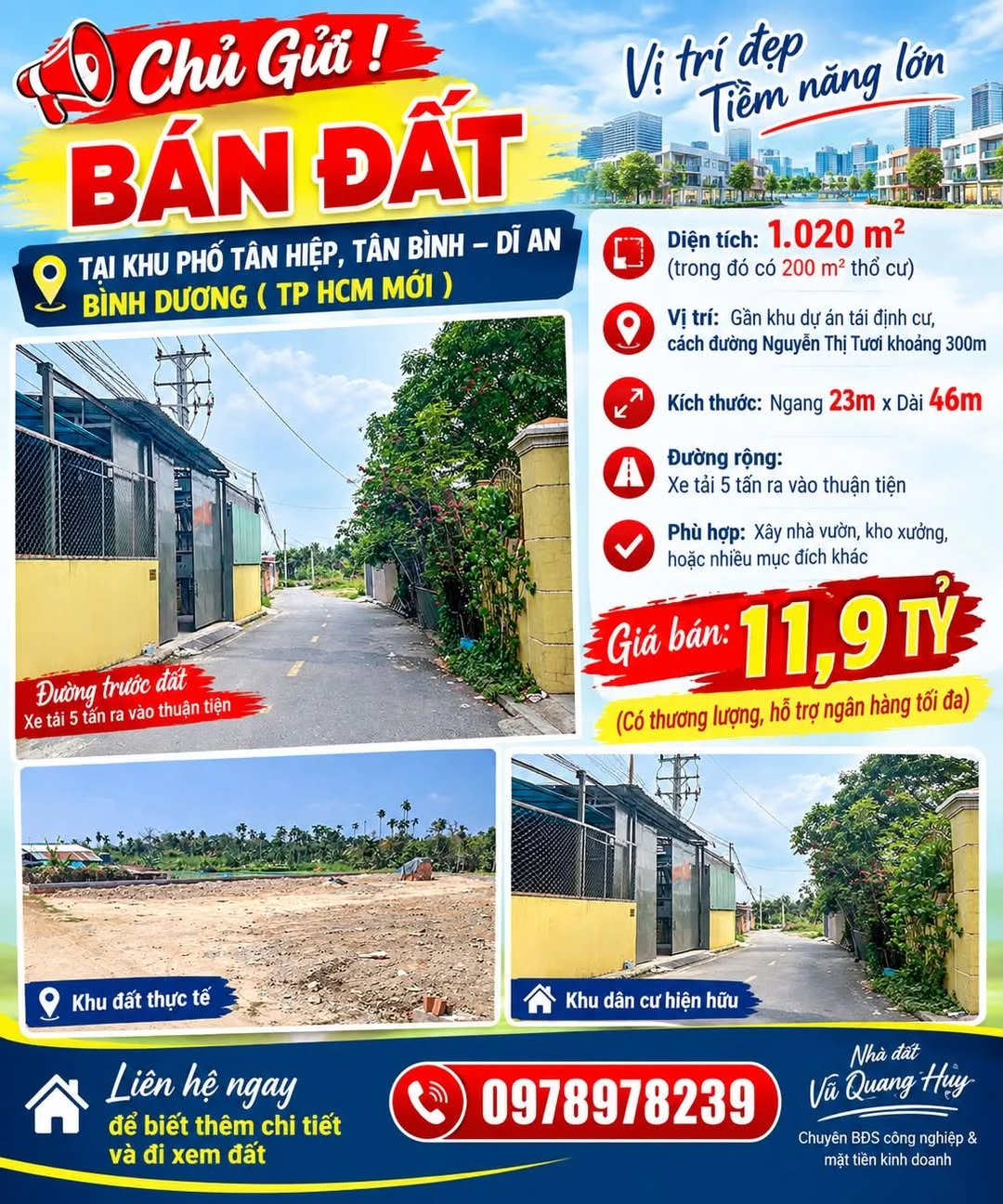 Bán đất 1.020m² Tân Hiệp, Dĩ An, Bình Dương 11,9 tỷ - Ảnh 1
