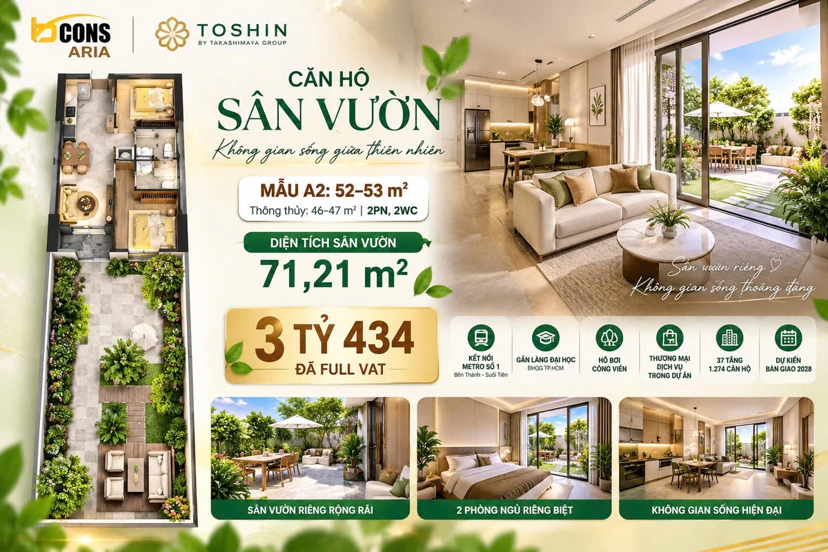 Bán căn hộ 2PN Bcons Aria có sân vườn 52m², 3,434 tỷ - Ảnh 1
