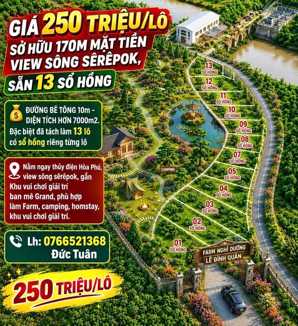 Bán lô đất 500m2 sổ hồng riêng Đắk Lắk 250 triệu