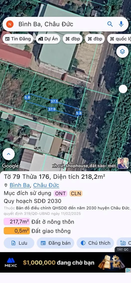 Bán lô đất mặt tiền Quốc lộ 56, 218m² Bình Ba - Ảnh 1