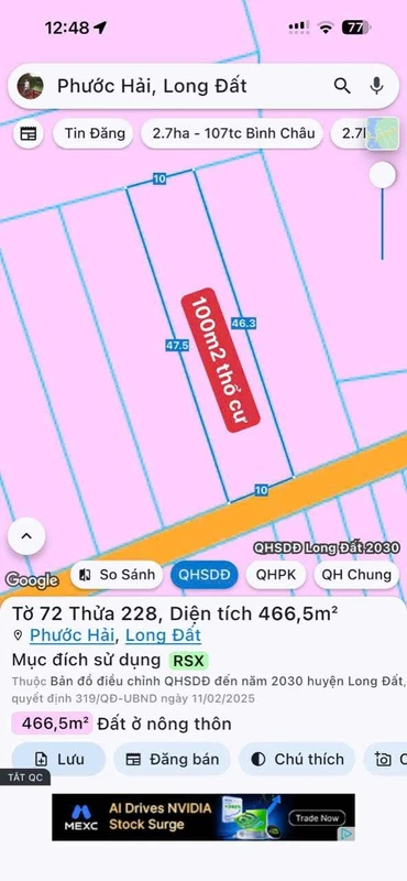 Bán đất làm nhà vườn 466m² Phước Hải Bà Rịa Vũng Tàu