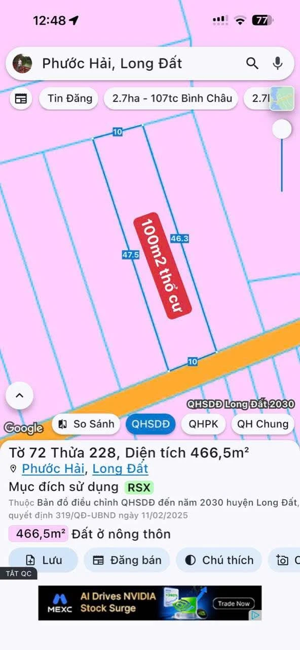 Bán đất làm nhà vườn 466m² Phước Hải Bà Rịa Vũng Tàu - Ảnh 1