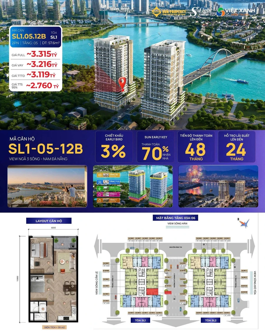 Bán căn hộ 2 phòng ngủ 57,6m² tầng 5 view sông Hàn, dự án Slight, Nam Đà Nẵng - Ảnh thu nhỏ 2