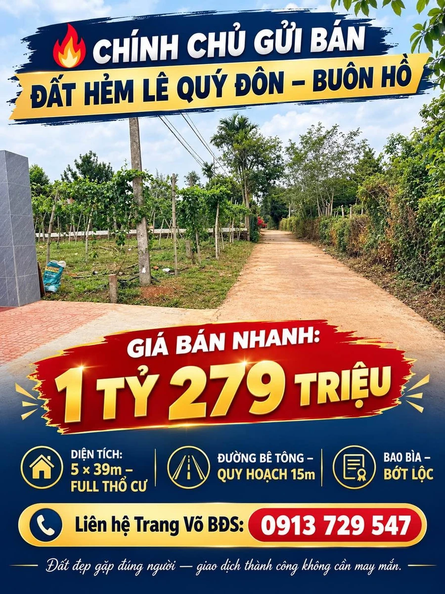 Bán đất hẻm Lê Quý Đôn, Buôn Hồ, 195m², 1 tỷ 279 triệu - Ảnh 1