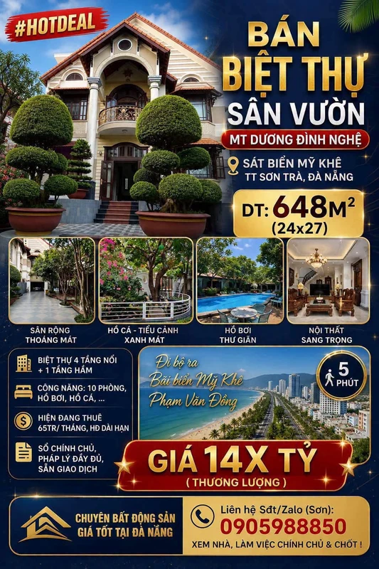Bán biệt thự sân vườn 648m2 mặt tiền Dương Đình Nghệ, Đà Nẵng, 14 tỷ