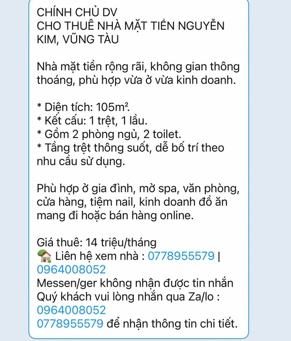 Cho thuê nhà mặt tiền 105m² Nguyễn Kim, Vũng Tàu