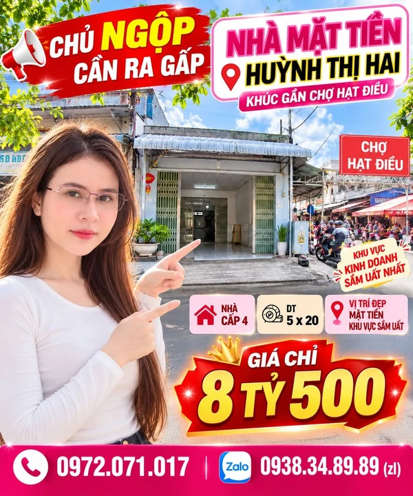 Bán nhà cấp 4 mặt tiền Huỳnh Thị Hai 5x20m, 8,5 tỷ, Tân Chánh Hiệp, Quận 12