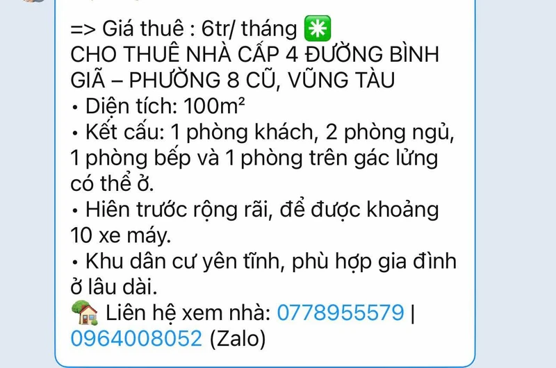 Cho thuê nhà cấp 4 Bình Giã 100m² 6 triệu/tháng Vũng Tàu
