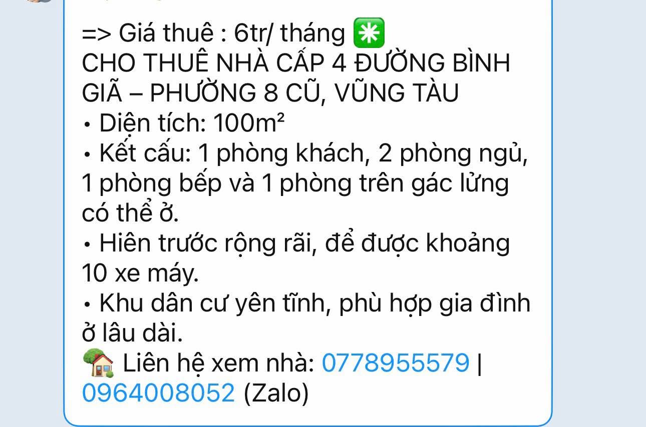 Cho thuê nhà cấp 4 Bình Giã 100m² 6 triệu/tháng Vũng Tàu