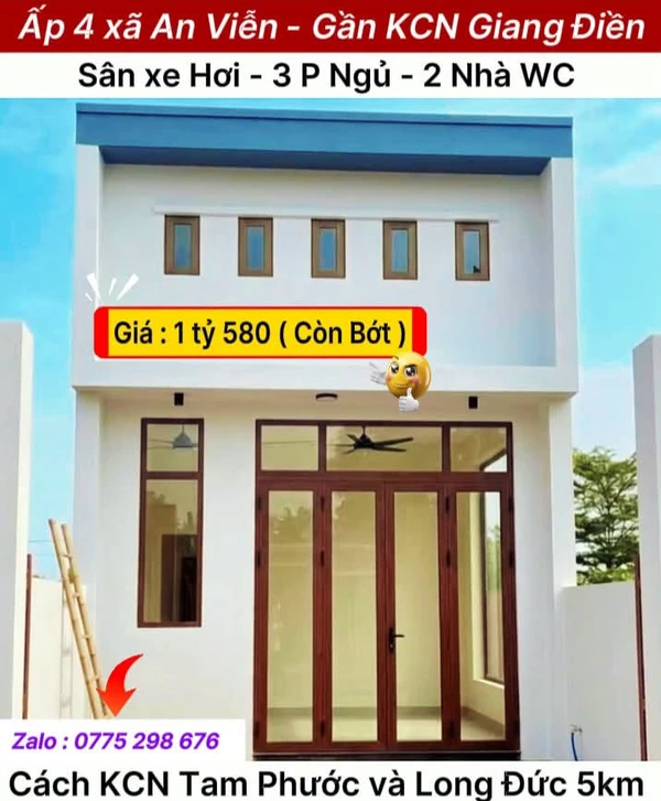Bán nhà 103m² sổ riêng thổ cư, 3 phòng ngủ, ấp 4 xã An Viễn, gần KCN Giang Điền