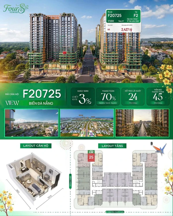 Bán căn hộ Studio sân vườn view biển F2 Fours Tower 30,5m2 Đà Nẵng