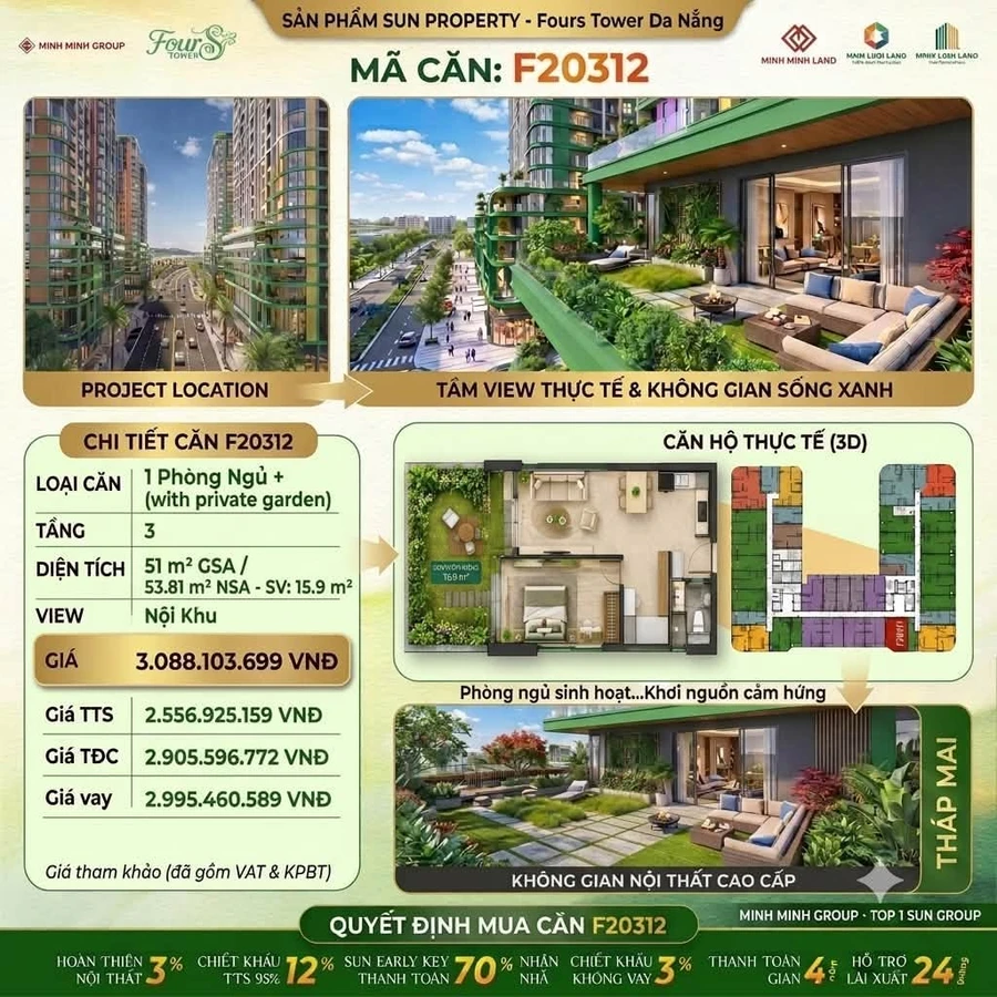 Bán căn hộ 1PN+ sân vườn Four S Tower Đà Nẵng 51m² 2,557 tỷ - Ảnh 1