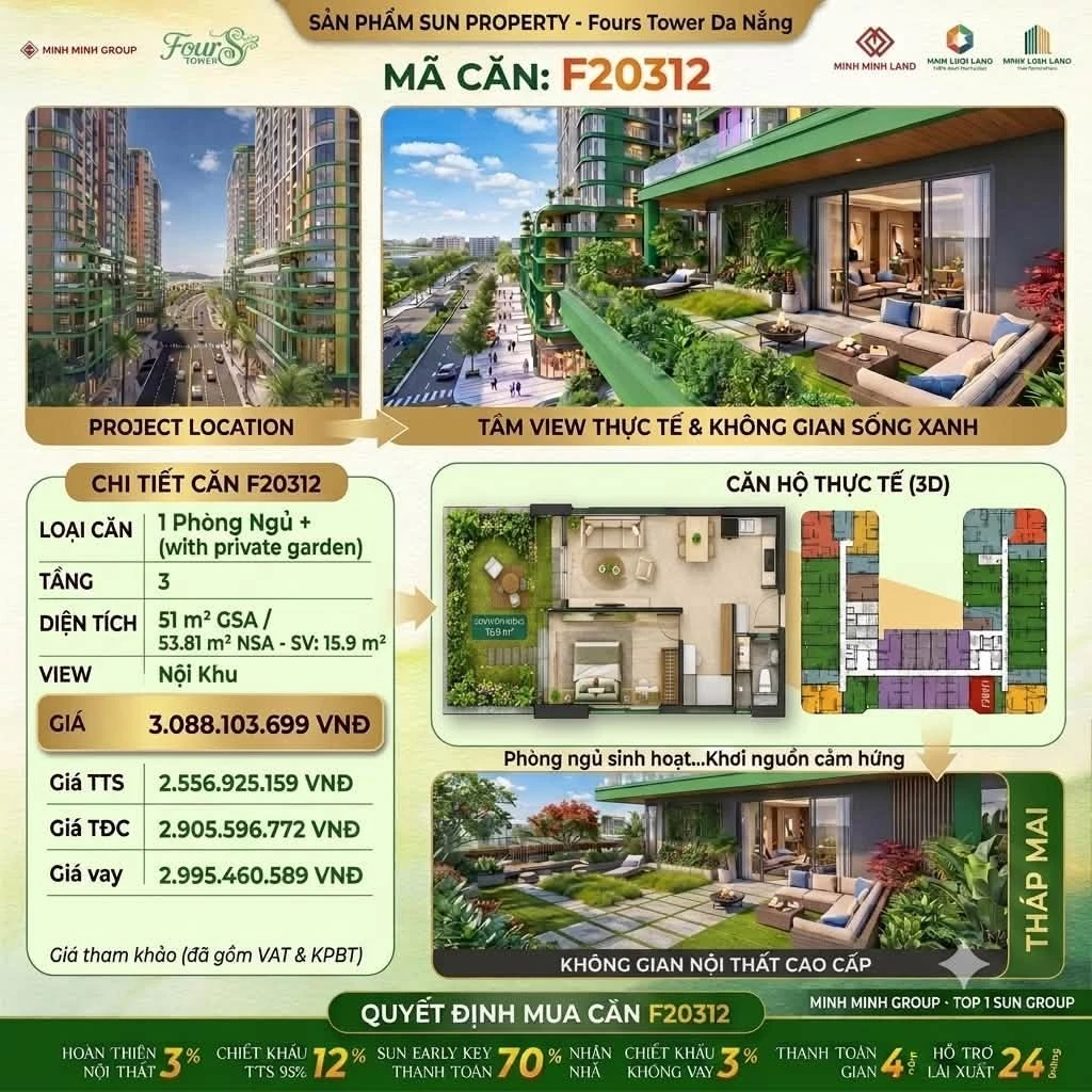 Bán căn hộ 1PN+ sân vườn Four S Tower Đà Nẵng 51m² 2,557 tỷ - Ảnh 1