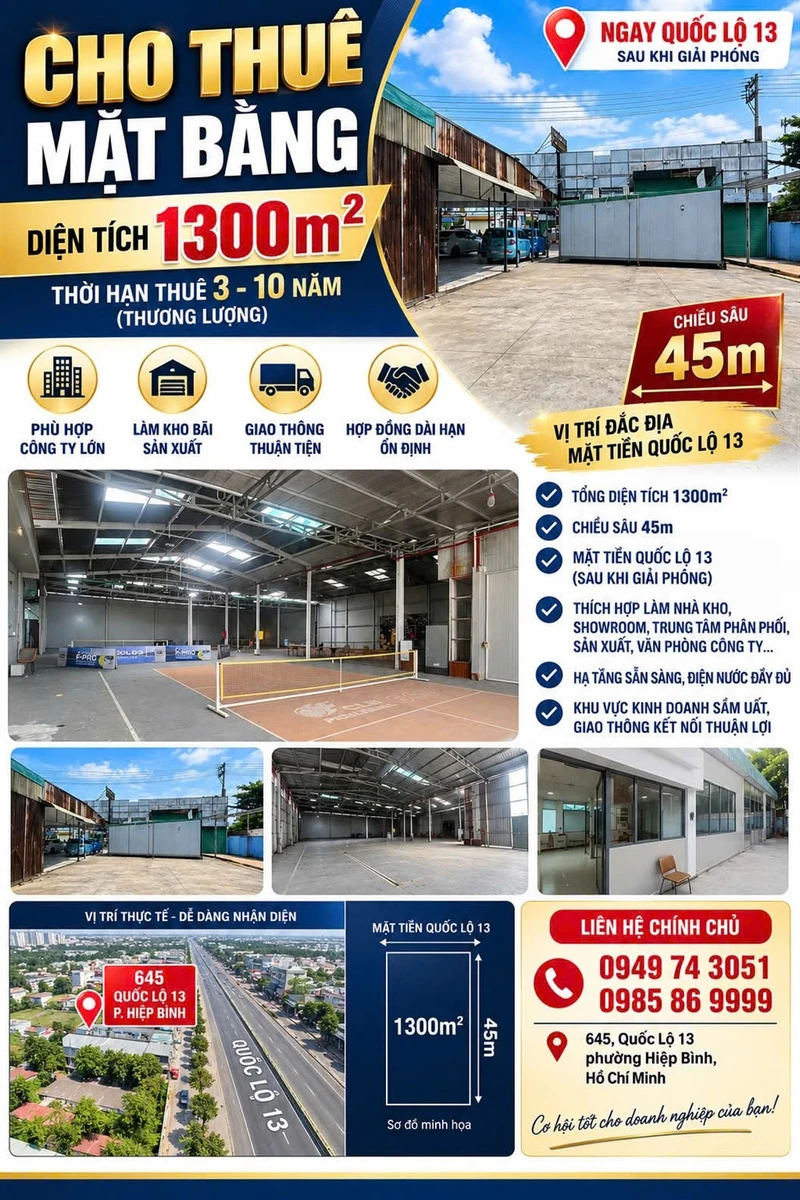 Cho thuê mặt bằng 1300m2 mặt tiền Quốc Lộ 13, phù hợp kho xưởng, showroom, nhà hàng - Ảnh 1