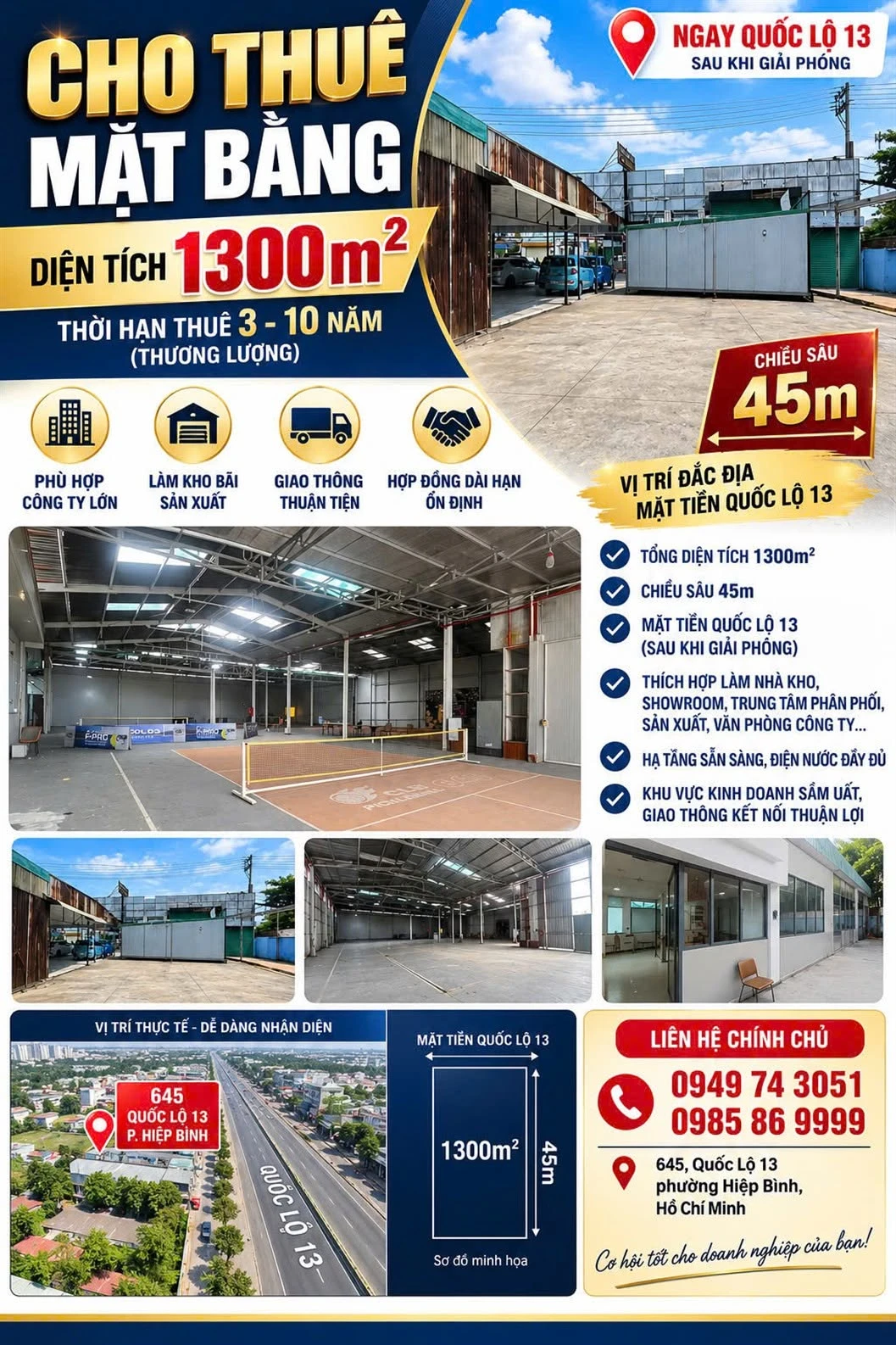 Cho thuê mặt bằng 1300m2 mặt tiền Quốc Lộ 13, phù hợp kho xưởng, showroom, nhà hàng - Ảnh 1