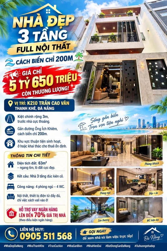 Bán nhà 3 tầng 63m² Thanh Khê Đà Nẵng 5,65 tỷ
