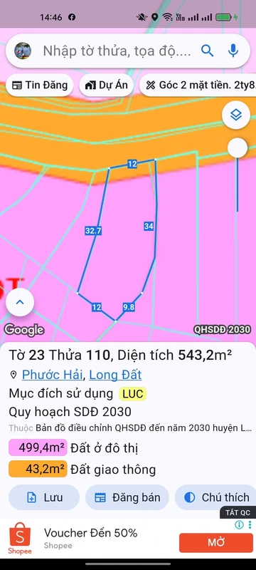 Bán đất mặt tiền Tỉnh Lộ 44B, Phước Hải, 543m2